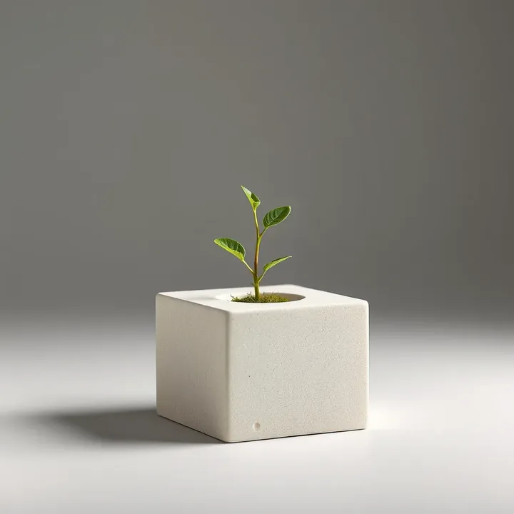 A green sprout growing out of a stone cube